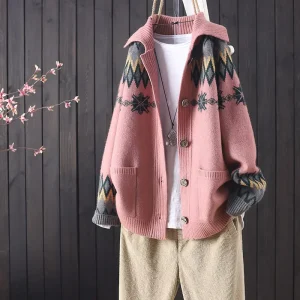 2023 cardigan lavorato a maglia a maniche lunghe con tasca jacquard con bottoni lavorati a maglia autunno e inverno femminile da donna cappotto maglione artistico per pendolari 1