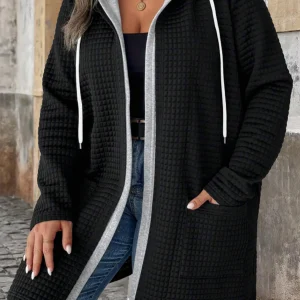 Cardigan con cappuccio finto in due pezzi taglie forti con tasche e coulisse, cappotto lungo chic da donna autunno/inverno 1