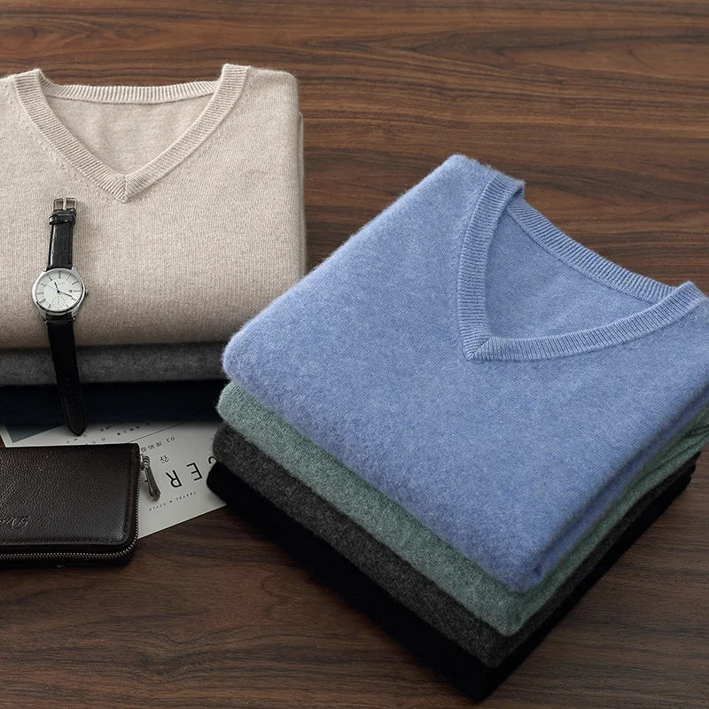 Maglione di cashmere 100% da uomo con scollo a V lavorato a maglia Pullover 2025 Primavera/Autunno Nuovo colore solido Top a maniche lunghe Business Casual Abbigliamento da uomo 6