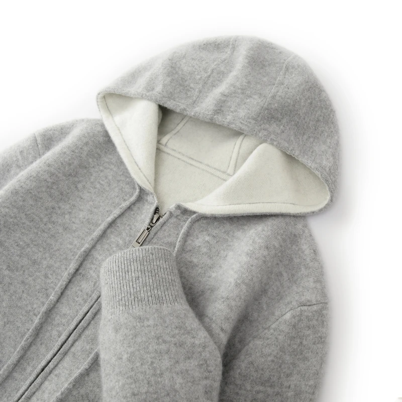 Comodo e pigro nuovo maglione con cappuccio da uomo in lana Merino 100% sciolto e spesso cappotto cardigan casual con cerniera per l'autunno e l'inverno 2