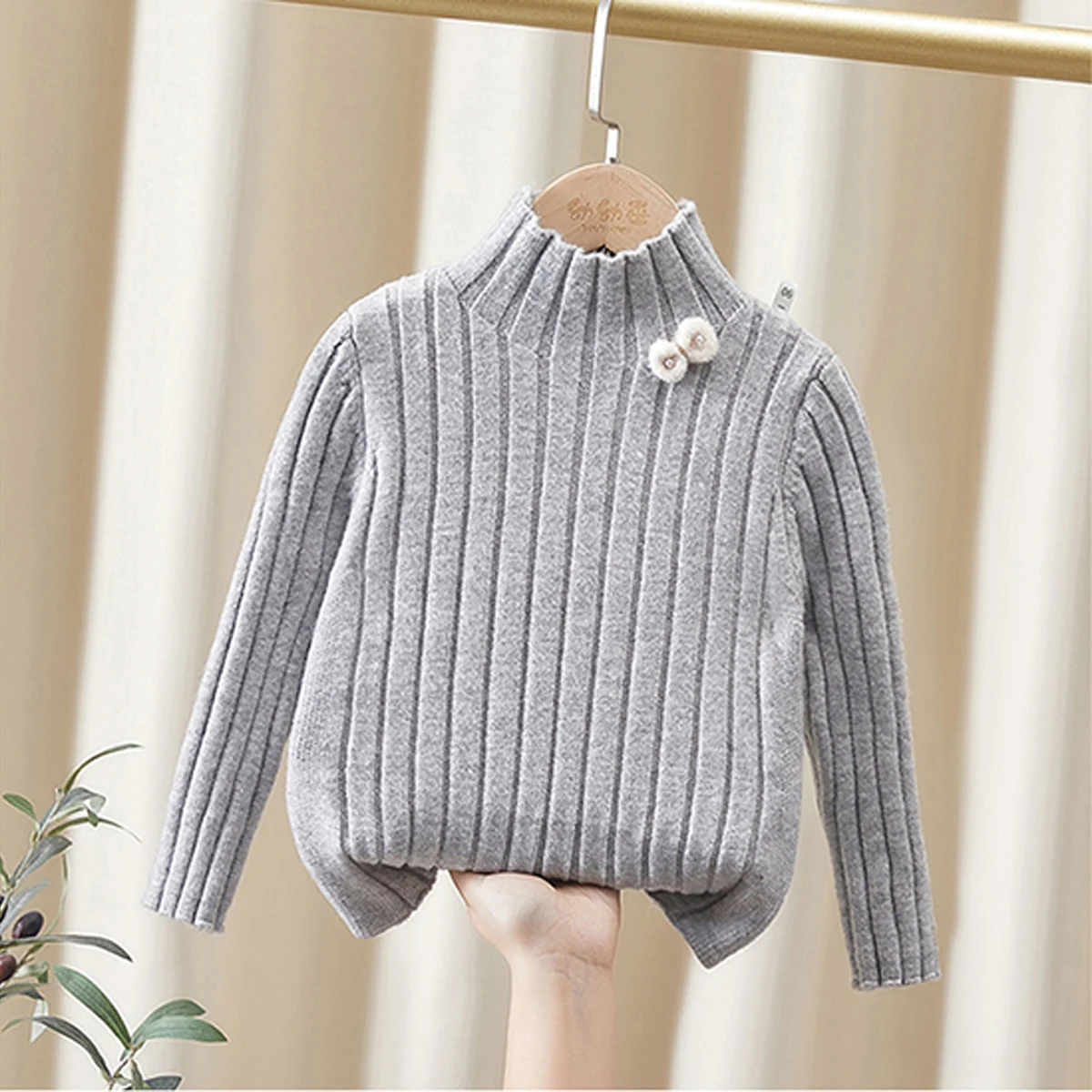 Abiti invernali per bambini e ragazze, pullover lavorato a maglia con fiocco caldo, top per bambini, maglione T-shirt slim fit con ago piatto in stoffa per ragazze 3