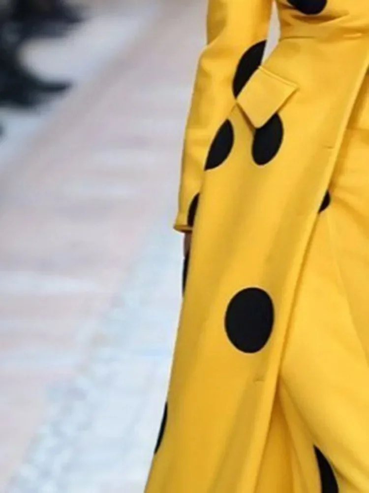 Beautyblue Cappotto di lana a pois Giacca lunga da donna 2025 Nuova manica lunga con giunto diviso Risvolto Elegante Capispalla giallo Donna 3