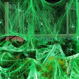 Ragnatela che si illumina al buio con ragni, ragnatela espandibile fluorescente per la decorazione di Halloween del giardino interno ed esterno 1