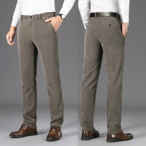 Pantaloni da uomo casual da uomo d'affari in velluto a coste spesso autunno inverno Pantaloni da padre con fodera in pile elastici e vestibilità ampia 1