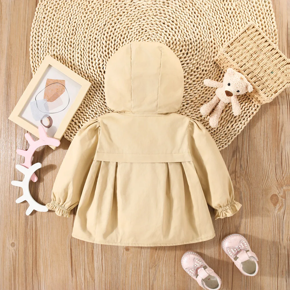 Cappotto primaverile e autunnale per bambina solido con cappuccio bella giacca per bambini antivento sciolto e carino abbigliamento a maniche lunghe 5