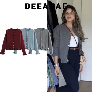 DEEABAE Abbigliamento da donna in stile coreano Cardigan con volant per donna Decorazione a strati Maglieria a maniche lunghe Maglione tinta unita 1