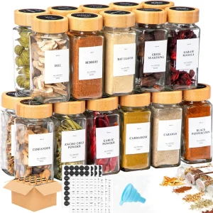 Barattoli di spezie in vetro con coperchio in bambù Contenitori per condimenti per spezie Pentola per spezie Sali e pepe Organizzatore di spezie Set di barattoli di spezie da cucina 1