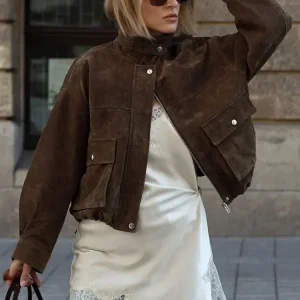 Giacca in pelle scamosciata da donna vintage con risvolto solido con cerniera maniche lunghe tasche cappotto 2025 autunno casual High Street Lady Outwear 1