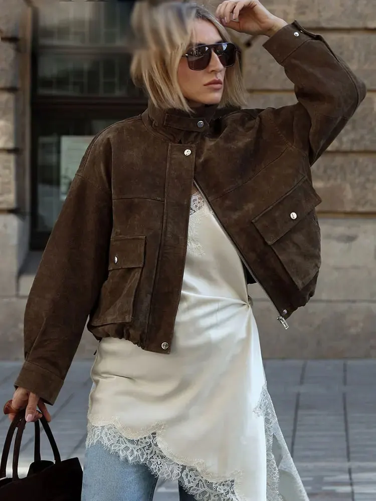 Giacca in pelle scamosciata da donna vintage con risvolto solido con cerniera maniche lunghe tasche cappotto 2025 autunno casual High Street Lady Outwear 1