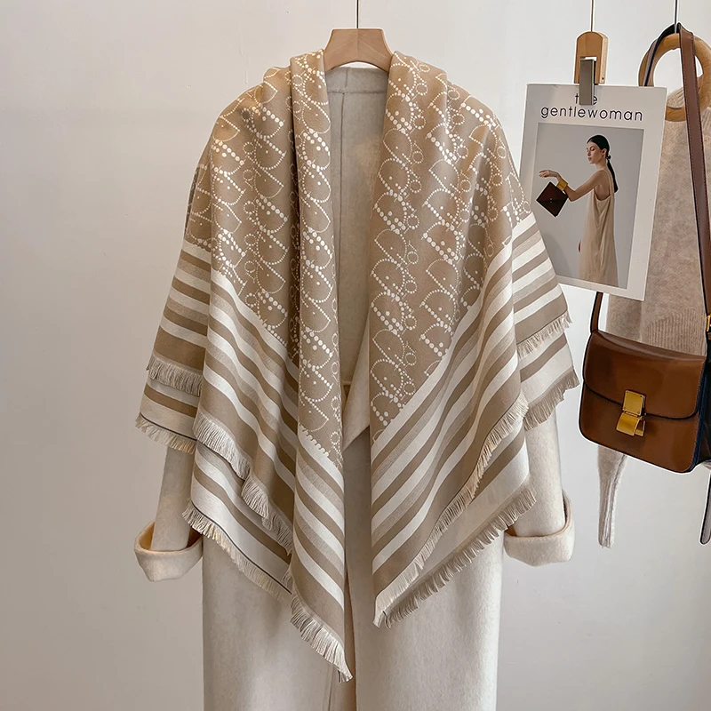 Sciarpa di cashmere da donna invernale di marca di lusso 2025 - Scialle con nappe stampato astratto, bandana di pashmina e poncho elegante 2
