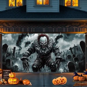 Banner per porta del garage con clown incubo, decorazione spaventosa di Halloween per la casa, il cortile, l'approvvigionamento per feste di Halloween 1