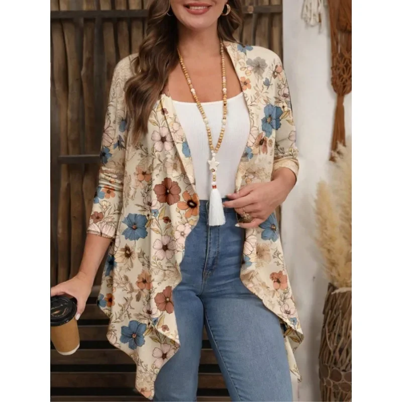 Giacca cardigan autunnale casual da donna a maniche lunghe con stampa floreale alla moda taglie forti 1XL-5XL 1