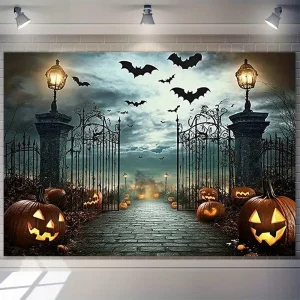 1 sfondo fotografico di Halloween con zucca e pipistrello - terrificante scenario della casa fantasma Decorazione di Halloween 1