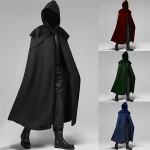 Mantello da uomo nero con cappuccio Costume da monaco medievale Solido antivento Trench da uomo Mantello da mago gotico Wicca Mantelli della morte di Halloween 1