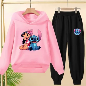 Felpe con cappuccio con stampa Cartoon Stitch set Abbigliamento per bambini Felpa con cappuccio + pantaloni per bambini Adatto 3-12 anni Felpa rosa nera per ragazzi e ragazze 1