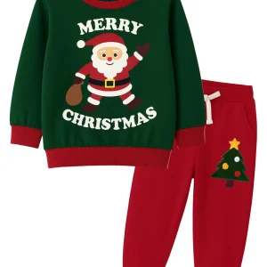 Set di due pezzi di maglione e pantaloni in puro cotone girocollo a maniche lunghe natalizie per bambini, graziosa camicia pullover casual di Babbo Natale 1