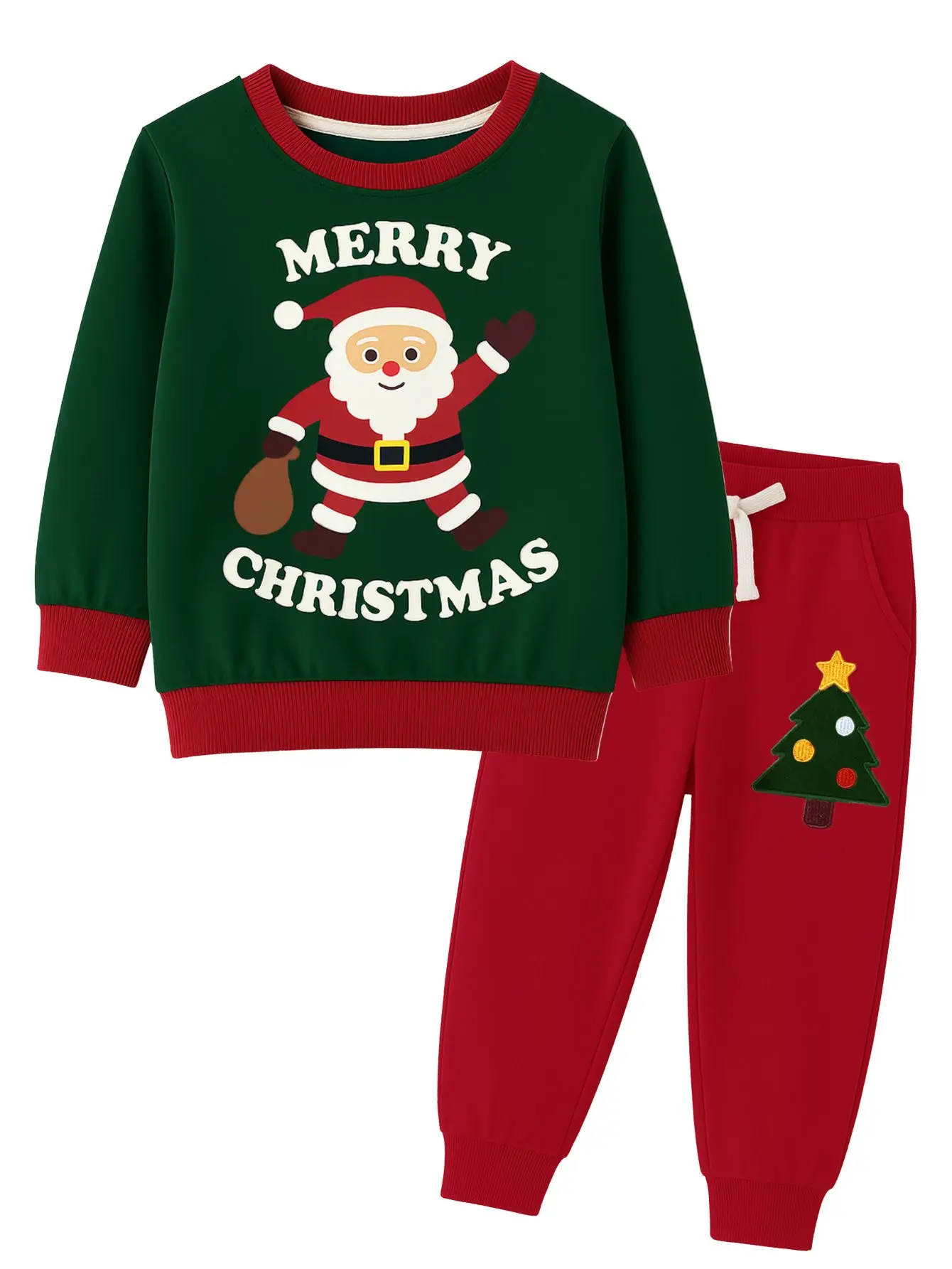 Set di due pezzi di maglione e pantaloni in puro cotone girocollo a maniche lunghe natalizie per bambini, graziosa camicia pullover casual di Babbo Natale 1