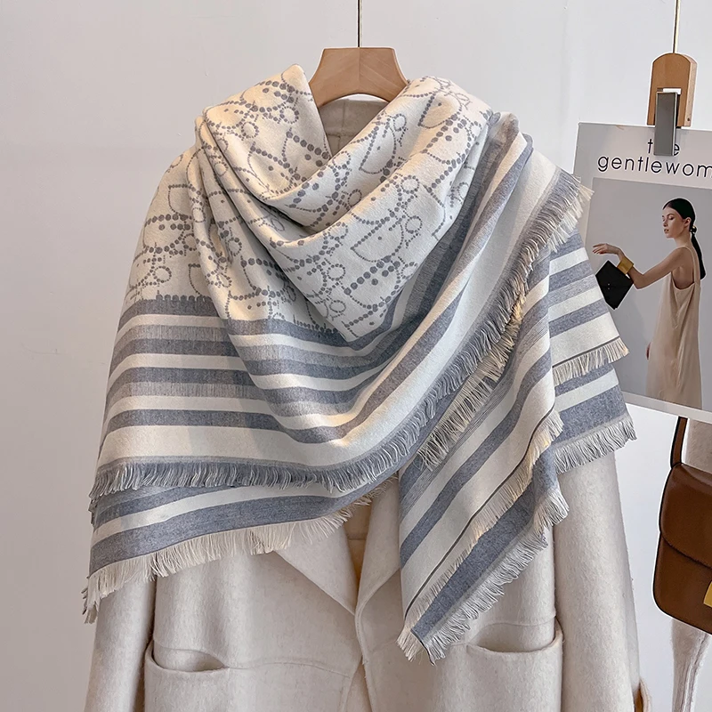 Sciarpa di cashmere da donna invernale di marca di lusso 2025 - Scialle con nappe stampato astratto, bandana di pashmina e poncho elegante 6