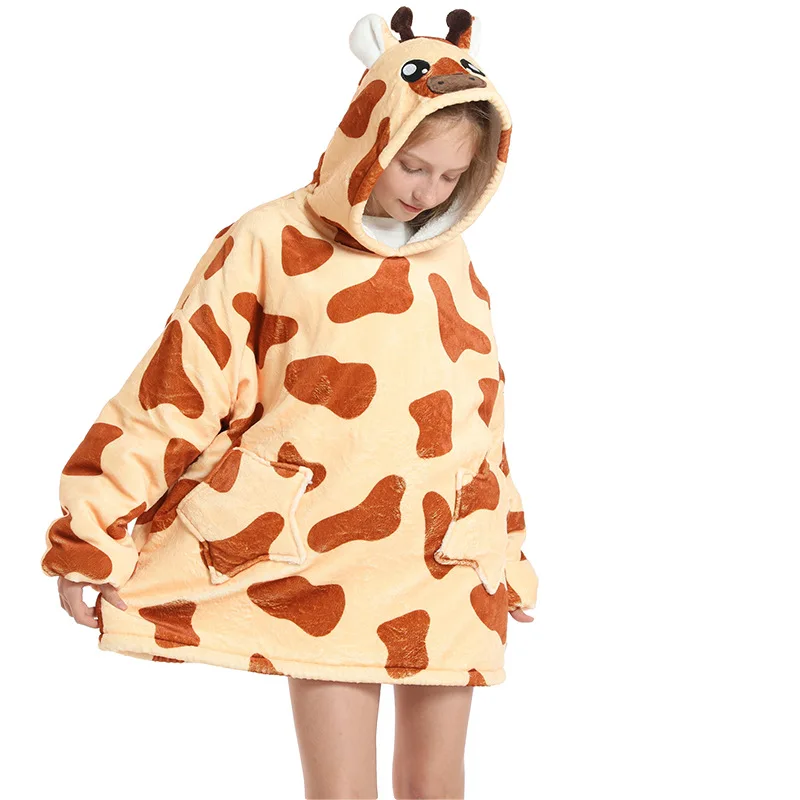 Inverno caldo pile un pezzo felpe con cappuccio bambini oversize felpa con cappuccio indossabile TV coperte ragazzi mucca rana cane Kigurumi felpa con cappuccio 6