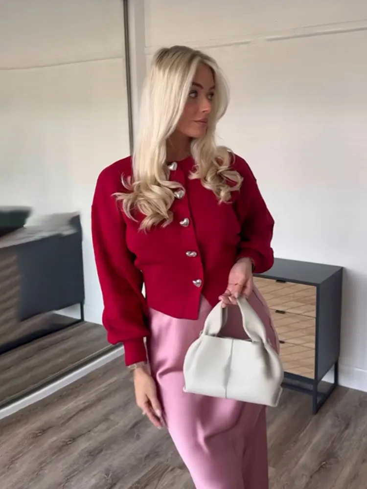 HH Moda Donna Solid Top Bottoni a forma di cuore Cardigan Donna Primavera Casual Manica lunga O-Collo Maglioni lavorati a maglia Cappotti 1