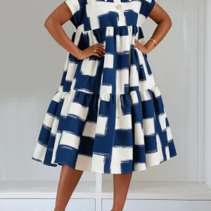 Yeezzi Abito da donna a pieghe con risvolto a pieghe in colore a contrasto scozzese a maniche corte a vita alta abiti midi da ufficio casual larghi 2025 1