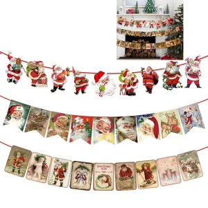 Banner di carta con bandiera natalizia vintage, decorazione di buon Natale, Babbo Natale, pupazzo di neve, renna, sfondo per feste 1