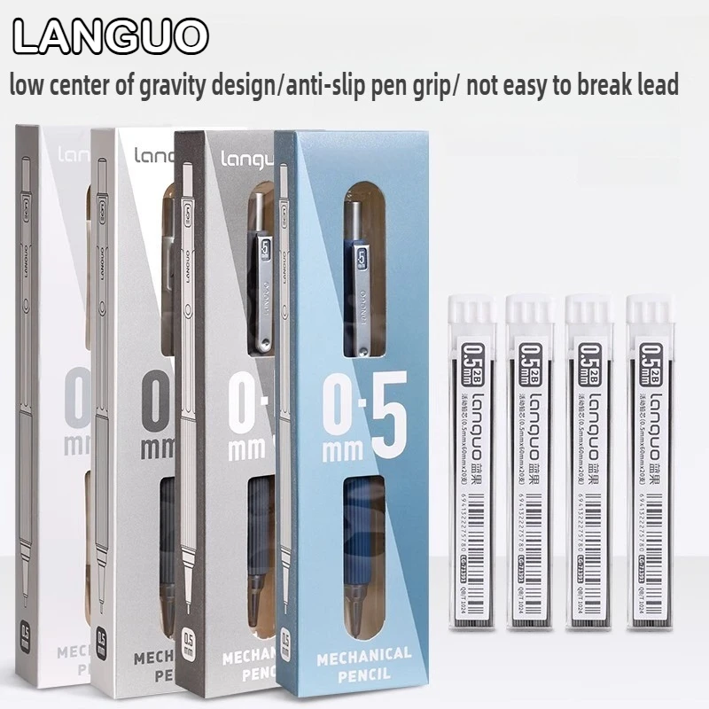 LANGUO Matita meccanica in metallo a bassa gravità per disegno con impugnatura morbida 0,3/0,5/0,7 mm Set di matite HB con mine Materiale scolastico di cancelleria 1