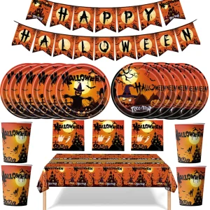 Stoviglie usa e getta per feste a tema Halloween, zucca, strega, modello fantasma, piatti, tovaglioli, tazze, forniture per decorazioni per feste di Halloween 1