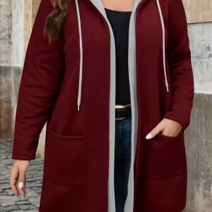 Elegante cardigan con cappuccio palangari bicolore tinta unita con tasche e coulisse, cappotto da donna taglie forti per l'autunno inverno 1