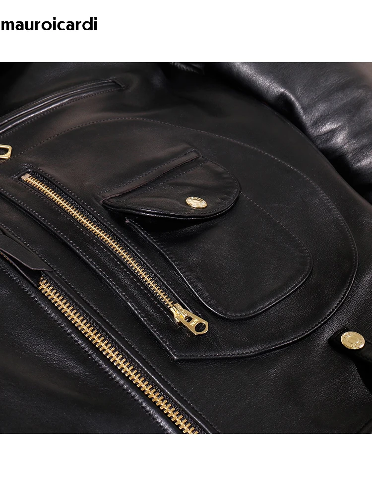 Mauroicardi Autunno Fresco Bello Corto Nero Duro Pu Pelle Biker Moto Giacca Da Uomo di Lusso Del Progettista Americano Retro Abbigliamento 2024 5