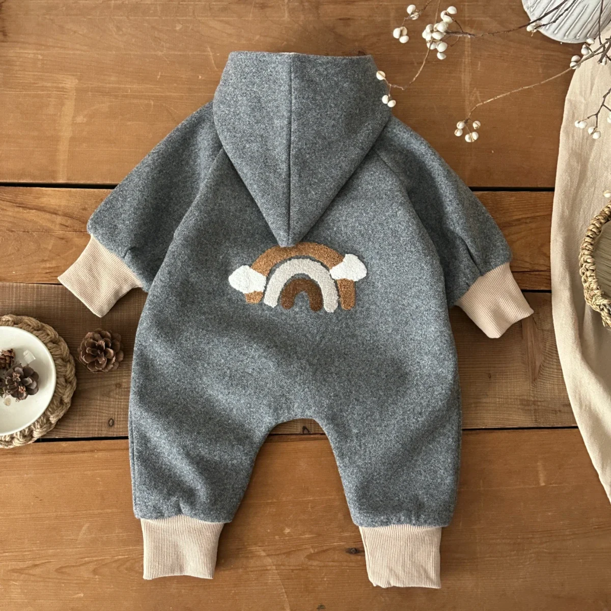Tuta da bambina per neonato Tuta da gattonare in lana stampata arcobaleno Abbigliamento invernale con cappuccio carino 4