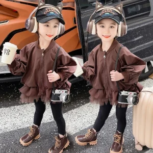 2 3 4 5 6 7 8 anni Primavera Autunno Giacca per ragazze Tinta unita Pizzo Moda Giacca a vento Cerniera Capispalla per ragazze Nuovi vestiti per bambini 1