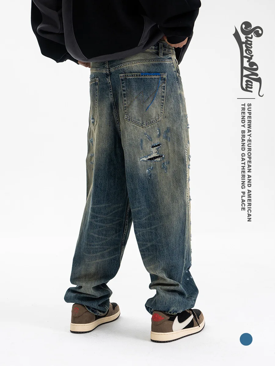 2025 Autunno/Inverno nuovi pantaloni casual realizzati pesanti di marca alla moda, jeans da uomo a gamba larga da cowshed 6