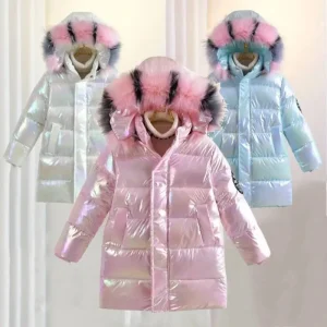 Inverno Ragazze Lucido Con Cappuccio Piumino Collo di Pelliccia Cappotto Antivento Adolescente Tuta Sportiva Per Bambini Parka Snowsuit Abbigliamento Nuovo 5-14 Anni 1