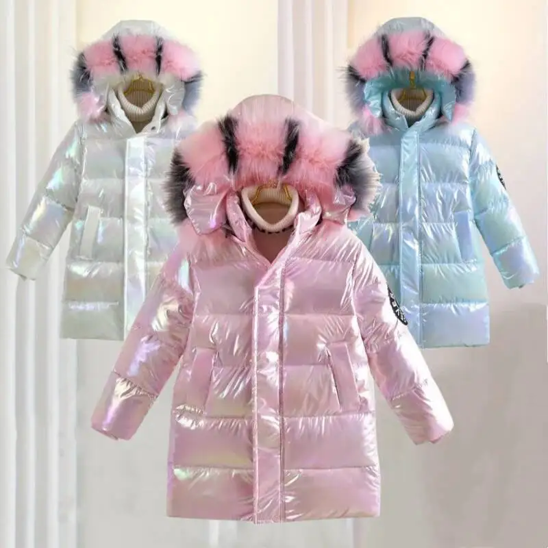 Inverno Ragazze Lucido Con Cappuccio Piumino Collo di Pelliccia Cappotto Antivento Adolescente Tuta Sportiva Per Bambini Parka Snowsuit Abbigliamento Nuovo 5-14 Anni 1