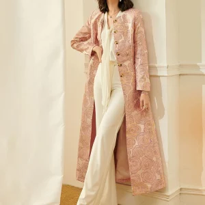 Luxury Women Long Trench Jacquard Coat Button Front soprabito autunno inverno floreale giacche eleganti capispalla Party Outfit Clothes 1