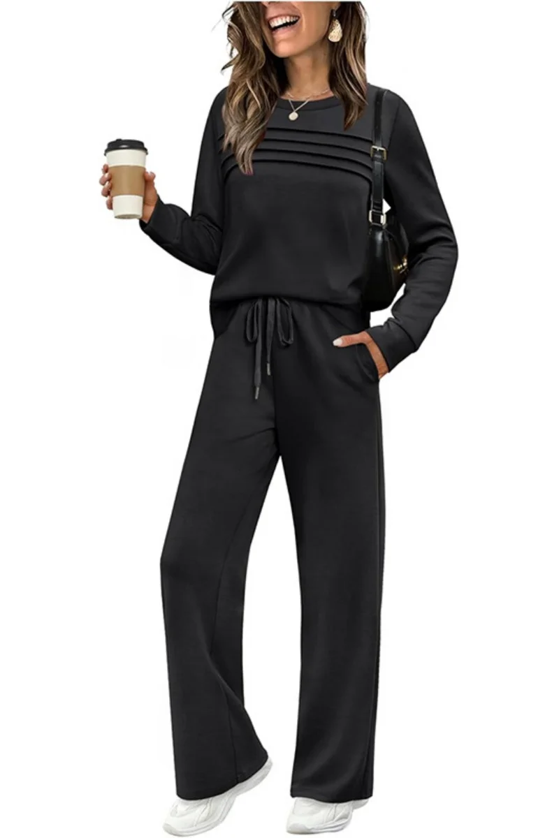 2025 Nuovo Autunno Europeo e Americano Transfrontaliero Vestito da Donna Manica Lunga Girocollo Top Casual Elastico in Vita Larga Leganti 2