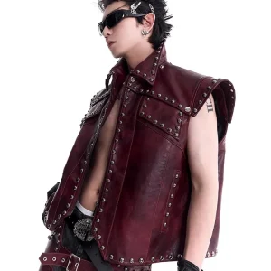 Mauroicardi Primavera Autunno Fresco Distressed Vintage Pu Giacca senza maniche in pelle da uomo Rivetto Designer di lusso Gilet stile punk 1