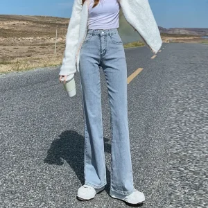 Jeans da donna dimagranti a vita alta Pantaloni elasticizzati lunghi fino al pavimento di taglia piccola Tessuto denim 1