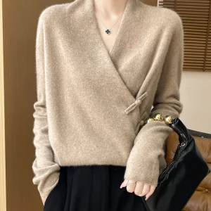 Maglione da donna in stile cinese Pullover Abbigliamento obliquo Autunno Inverno 100% maglione di lana merino con scollo a V Maglia sexy da ufficio Lady Top 1