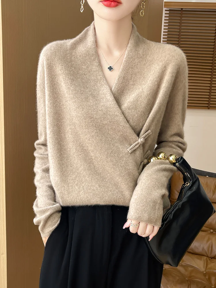 Maglione da donna in stile cinese Pullover Abbigliamento obliquo Autunno Inverno 100% maglione di lana merino con scollo a V Maglia sexy da ufficio Lady Top 1