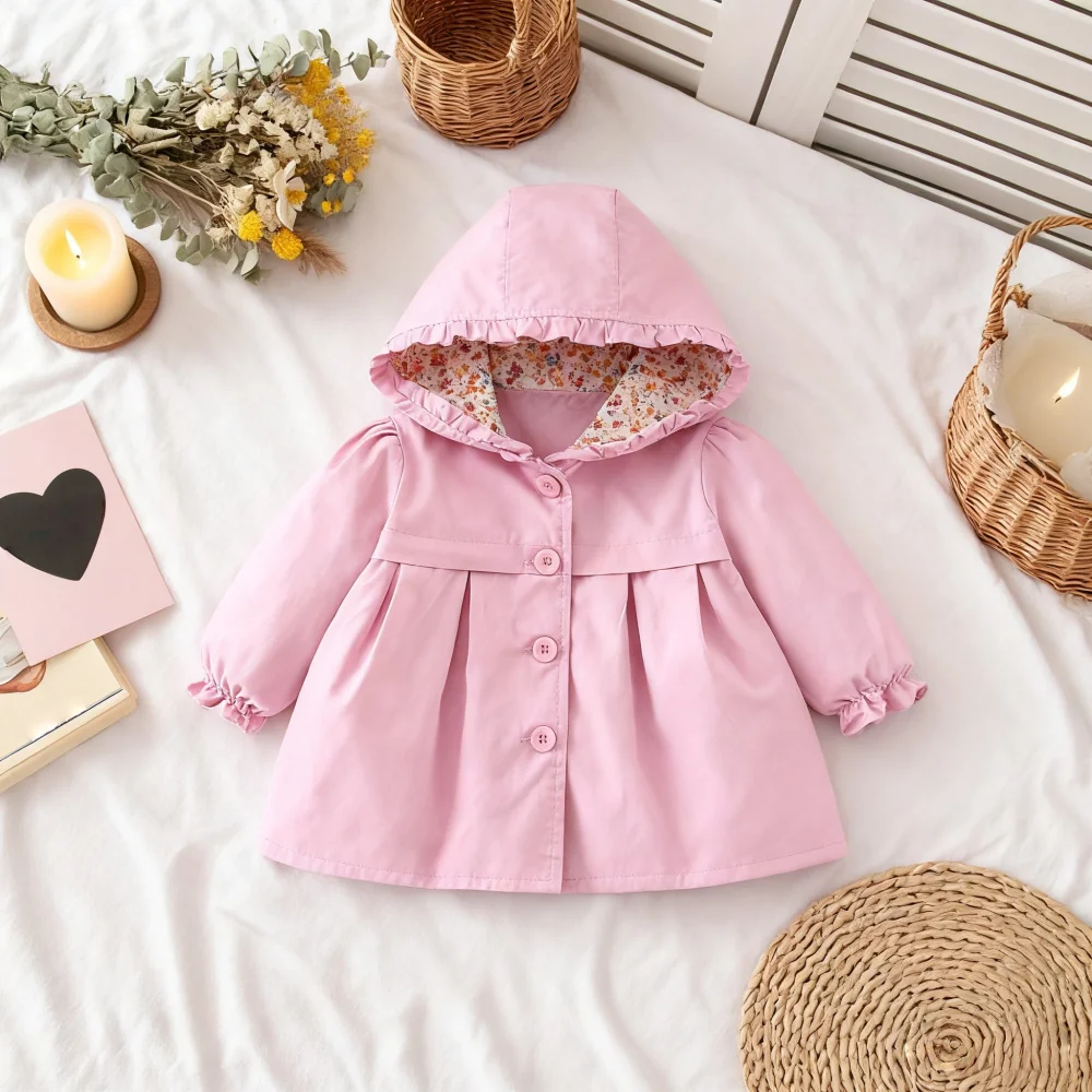 Abbigliamento per bambini Primavera e autunno Giacca per bambini con cappuccio in cotone tinta unita Giacca a vento per ragazze casual Cappotto per bambina 3