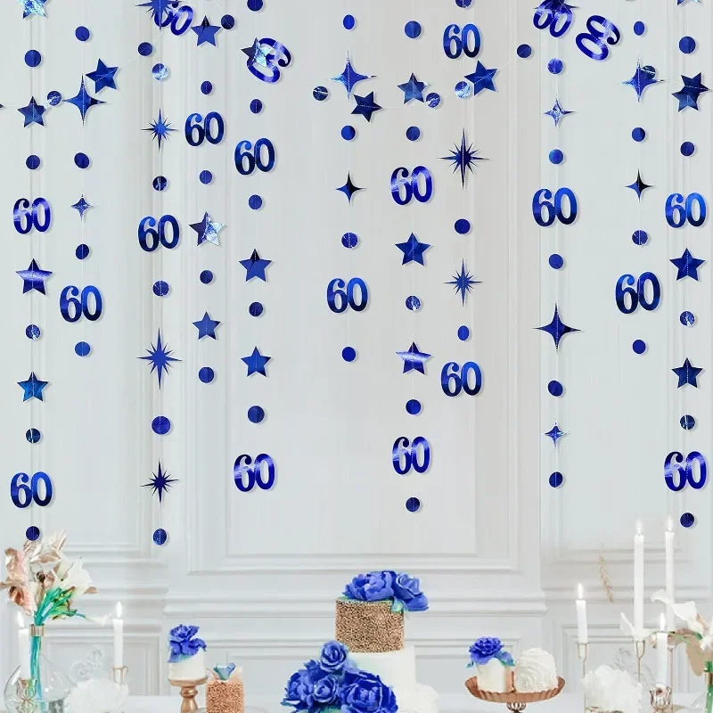 Decorazioni blu per il 60° compleanno Numero 60 Cerchio Dot Twinkle Star Ghirlanda Banner Sfondo per forniture per feste di 60° compleanno 1