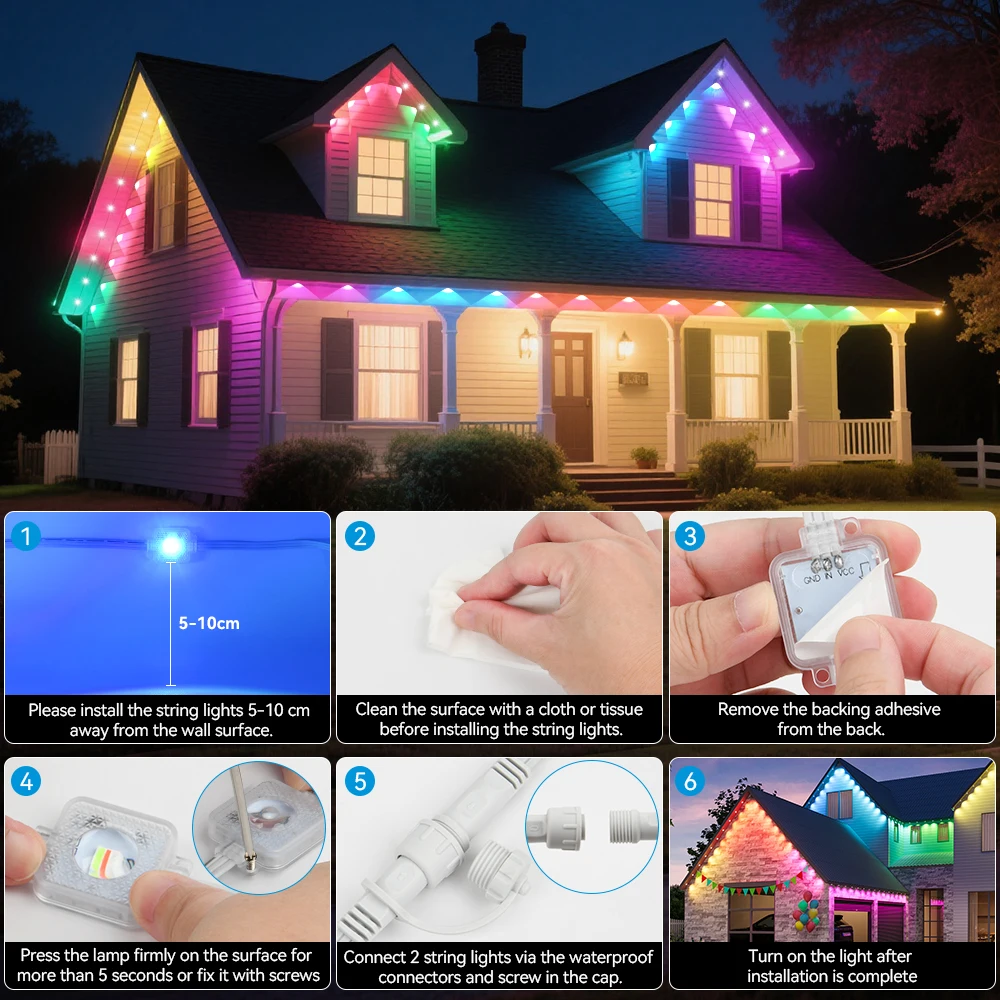 100FT/30M Luce Permanente 60LED Gronda RGB Stringa di Luce Bluetooth Luce Esterna Musica Timer IP65 Impermeabile Festa Decorazione di Festa 5