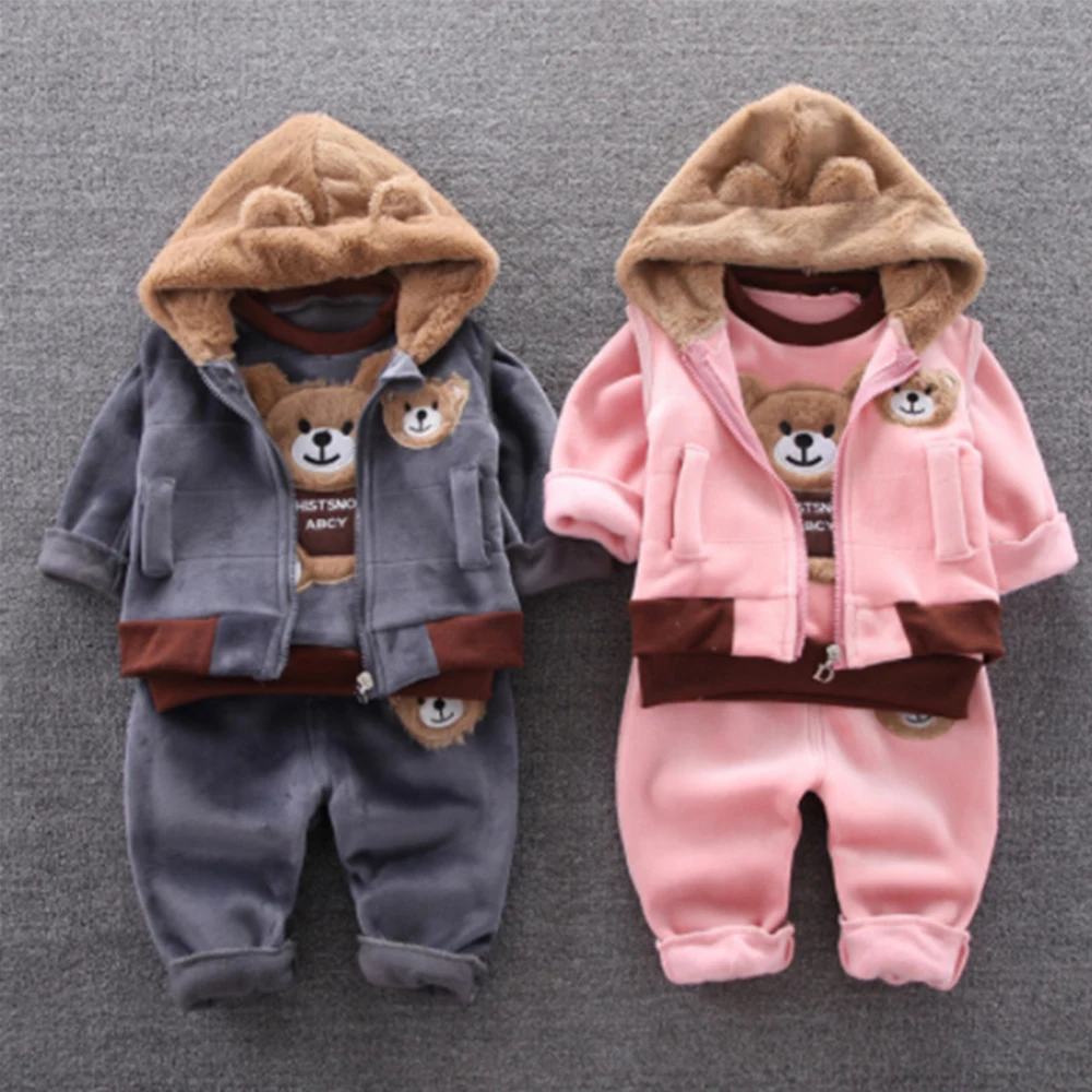 0-5Y Autunno Inverno orso cartone animato Set di vestiti di cotone spesso Ragazzo ragazza Cartoni animati Cappotto con cappuccio + Pantaloni 2 pezzi Tuta per bambini 2