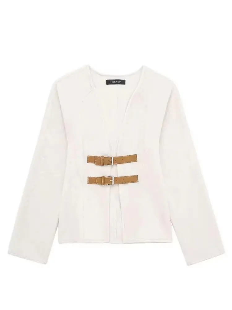 HH Cappotto di lana con fibbia in pelle retrò Moda donna Solido scollo a V Manica lunga Giacca beige Autunno Primavera Chic Streetwear femminile 2