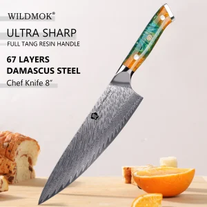 WILDMOK Coltello da chef damasco, coltelli da chef giapponesi da 8 pollici, coltello da cucina con manico in resina, coltelli affilati coltello da cucina 1