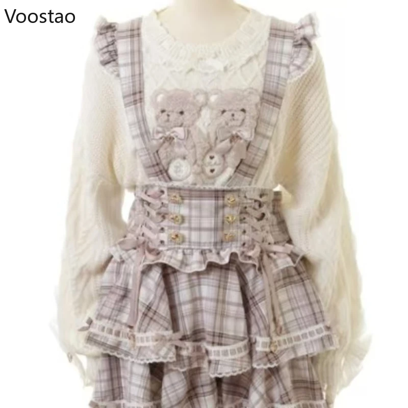Pullover lavorato a maglia stile Sweet Lolita vintage per ragazze simpatico orso di peluche cartone animato ricamo fiocco maglione donna maglieria Harajuku top 4