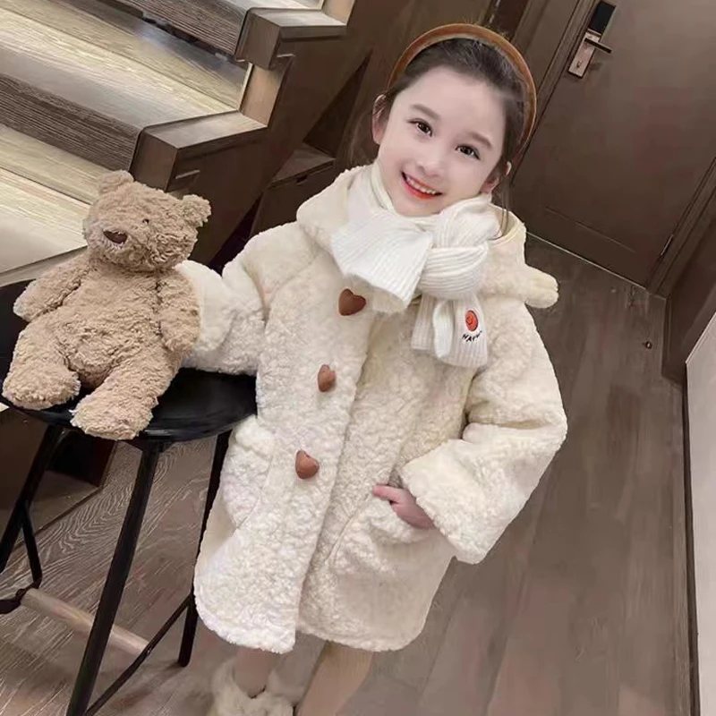 Giacca invernale in lana di cashmere per ragazze nuove tinta unita spessa calda monopetto cappotto con cappuccio per 4-10 anni capispalla moda per bambini 4