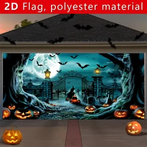 Grande banner per porta del garage di Halloween: scena del cimitero horror con decorazioni di pipistrelli, streghe e lanterne di zucca 1
